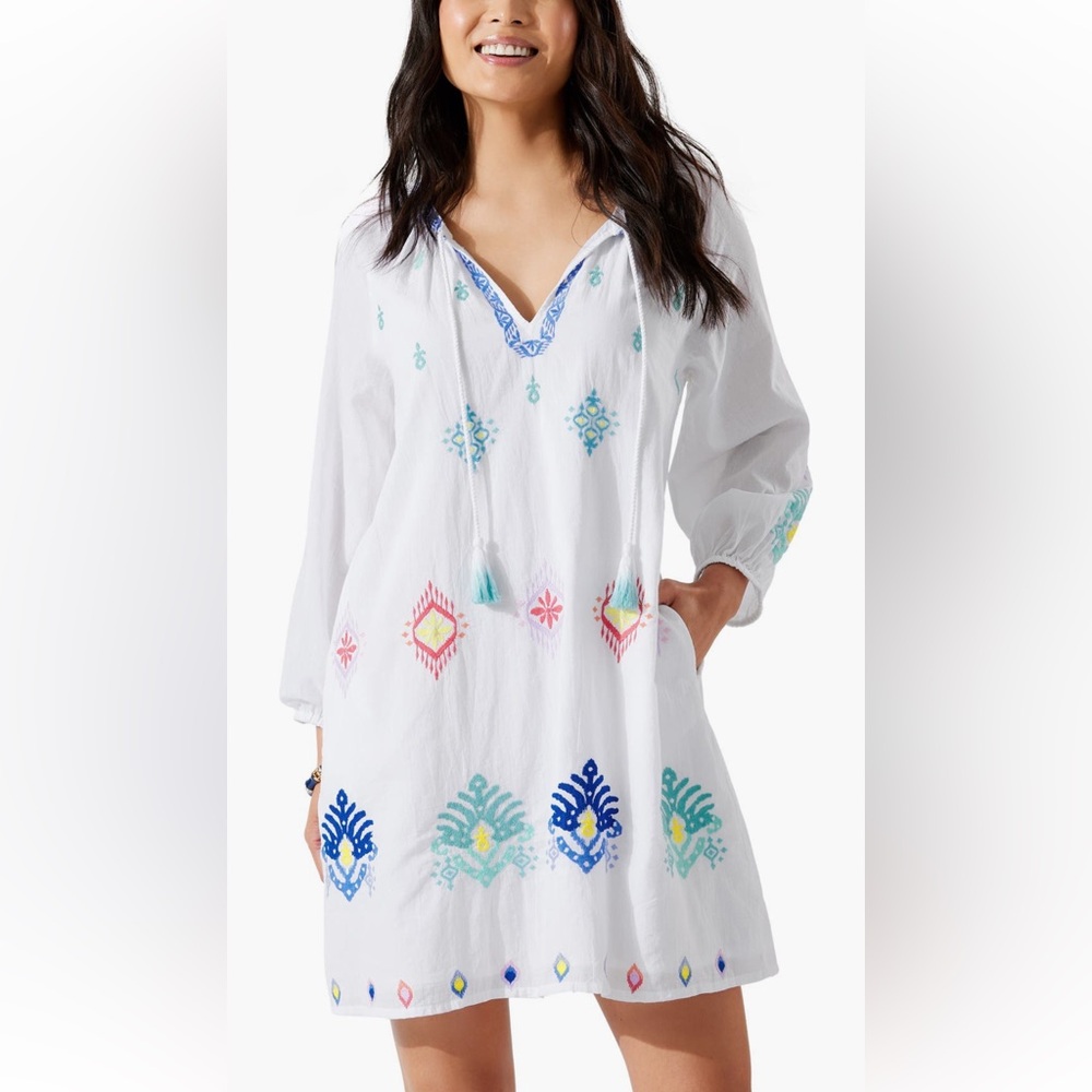 🔥🔥🔥TOMMY BAHAMA Embroidered Long Sleeve Cotton Swim Cover-Up Dress
